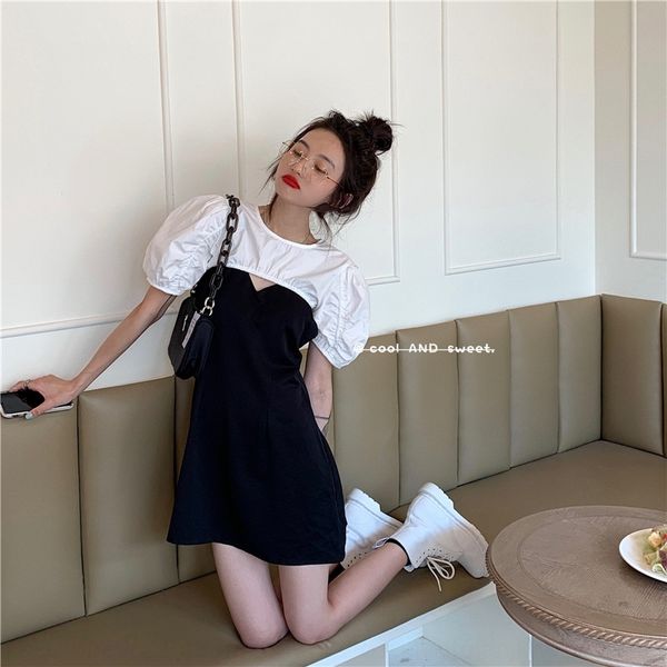 

double v-neck dress short white shirt shawl suit double v-neck dress short suspender skirt suspender skirtsling sling skirt white shirt shaw, Black;gray