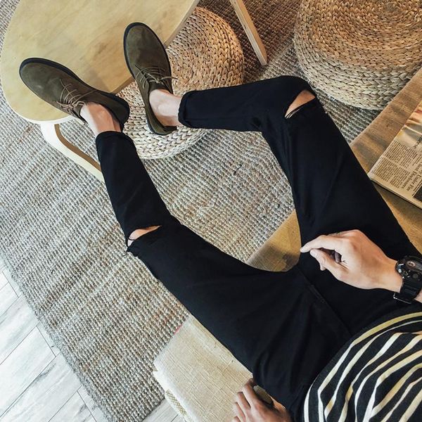 

men's jeans street distressed skinny ripped hole pants menswear men, Blue