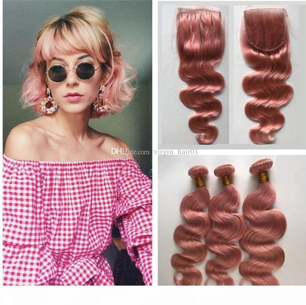

peruvian pink body wave human hair 3bundles with closure colored pink 4x4 lace closure with virgin hair weaving weft, Black;brown