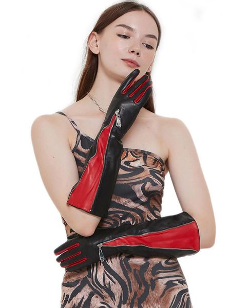 

five fingers gloves 40cm(15.75") long black with red invisible mid zipper real sheep leather, Blue;gray