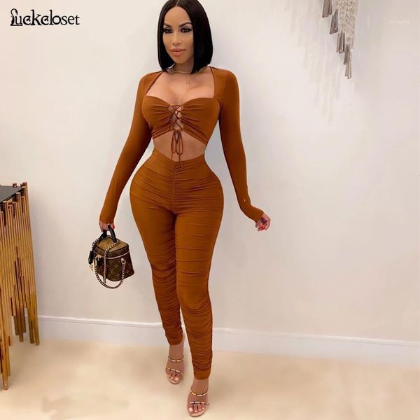 

lace up two piece set womensequare neck crop ruched stacked pants elegant 2 piece set woman clothes pencil matching sets1, Gray