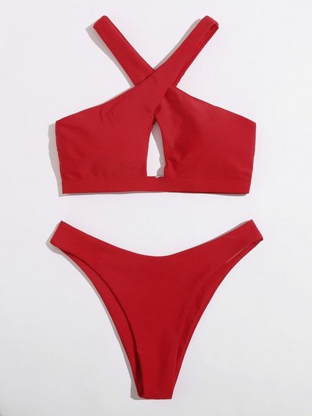

solid cross neck bikini swimsuit p68p#, White;black