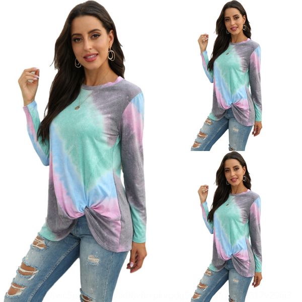 

pqw9k женская осень и зима новый галстук окрашенный круглый шеи с длинным рукавом футболка с длинным рукавом