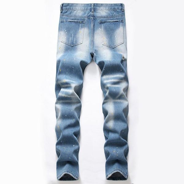 

men's jeans 1j splash ink light blue perforated trendy pants wholesale custom suppliers