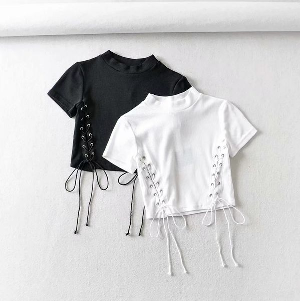 

wuukf 2020 лета круглого пальто футболки топ шея стрейч плотная сторона женщины галстук веревка футболка рукав коротких талии пригонка корот, White