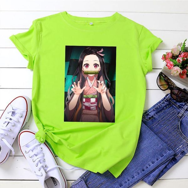 

harajuku slayer kimetsu no yaiba t shirt fashion vestidos leisure oversize camiseta mujer green tshirt hipster pretty, White