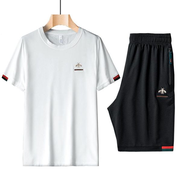 

2020 brand solid color polyester slim 2-piece sets men summer o-neck clothing tracksuit new short sleeve male t-shirt sportswear, Gray