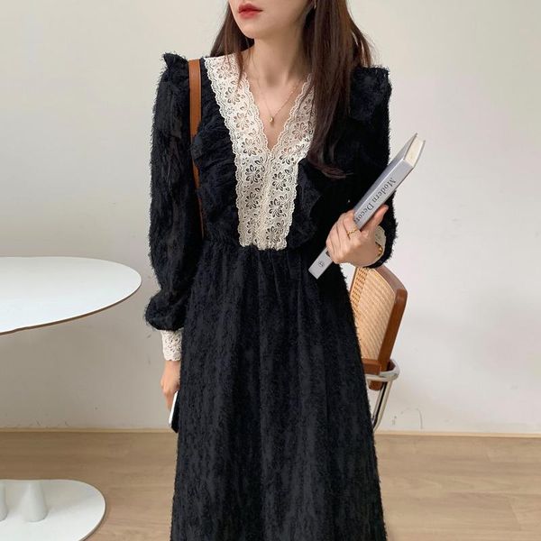 

casual dresses women dress 2021 autumn korean clothes vintage elegant v-neck lace patchwork black ruffled long sleeve a-line, Black;gray