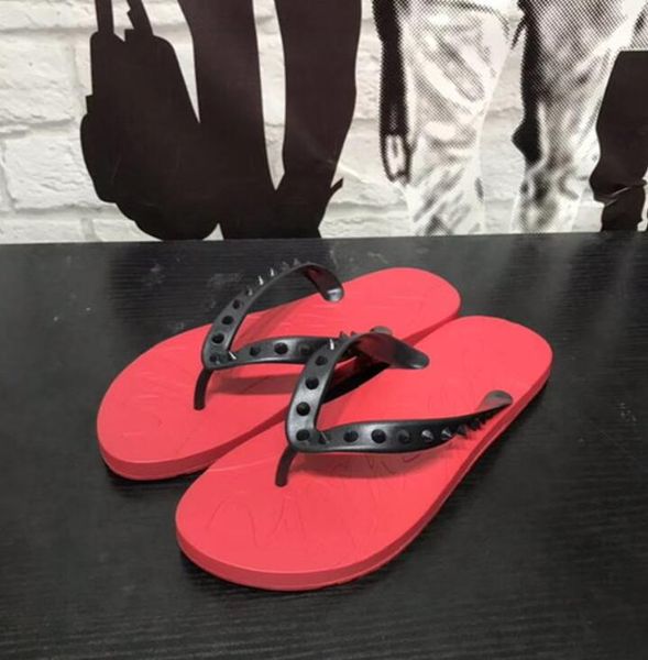 

with box]summer red bottoms men slippers fashion casual slides red white black spikes mens flat flip flops beach l outdoor sandals38-46