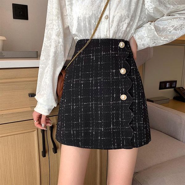 

plaid print mini skirts women pearls buttons autumn winter vintage pencil skirt plus size lace a-line zipper high waist x945, Black
