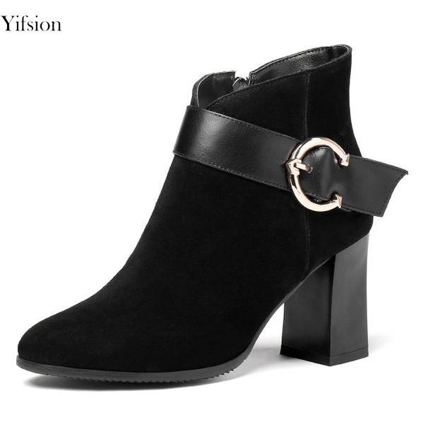 

boots olomm women winter ankle kid suede square heels nice pointed toe black shoes us size 3-13
