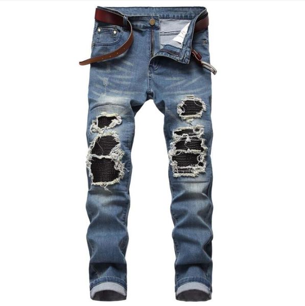 

2021 spring men's ripped street jeans hip hop punk stretch bike denim pants trendy holes straight denim trousers w1651, Blue