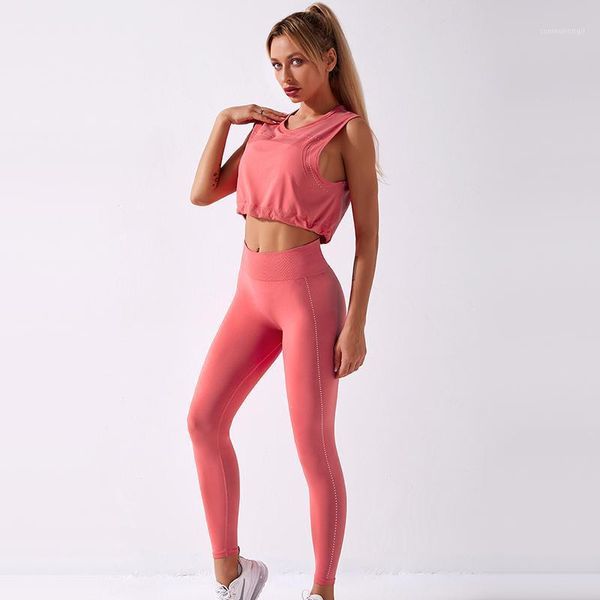 

yoga outfits seamless suit women 2 piece sport leggings and workout sleeveless vest elastic set girl fitness gym sports wear clothes1, White;red