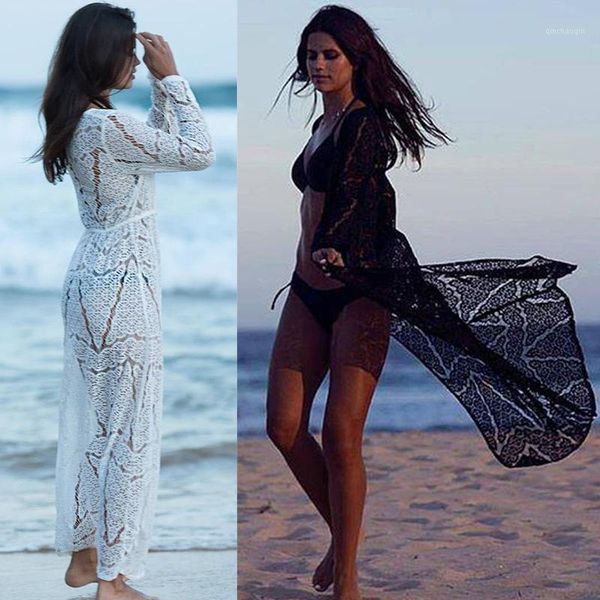 

cover-ups long crochet beach cover up robe de plage swimsuit saida praia longa women bathing suit tunics beach1