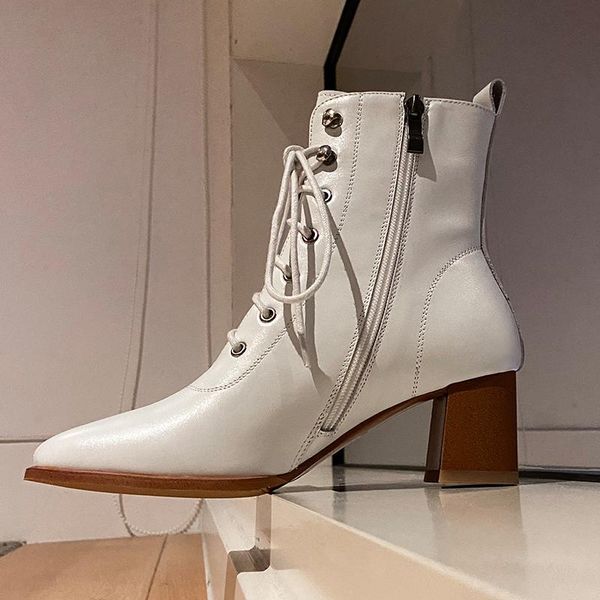 

fashion party high heels boots women ankle boots cross tied autumn winter genuine leather shoes woman size 41 42 43, Black