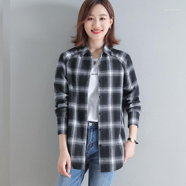 

women's blouses & shirts korean womens and cotton women long sleeve gray plaid plus size s-xxl ladies loose wild1, White