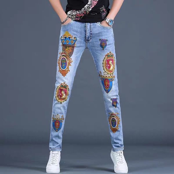 

new 2020 men's male jeans european station high-end american style printed slim casual pants summer trousers q0105, Black;white