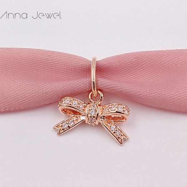 Kein Verblassen der Farbe. Solide Rosegold-Schleife mit CZ, Pandora-Charms für Armbänder, DIY-Schmuckherstellung, lose Perlen, Silberschmuck, Großhandel 380357CZ