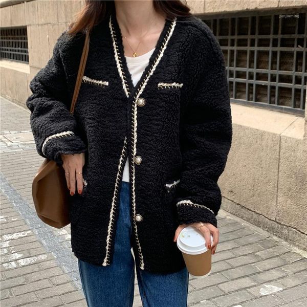 

alien kitty lambswool warm outerwear patchwork women 2021 new casual v-neck office lady street loose coat plush jackets 1, Black;brown