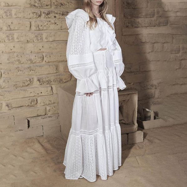 

autumn jacket embroidered skirt2020 embroidered lace lantern long sleeve patchwork ruffled shirt high waist skirt long skirt set eltou e, Gray