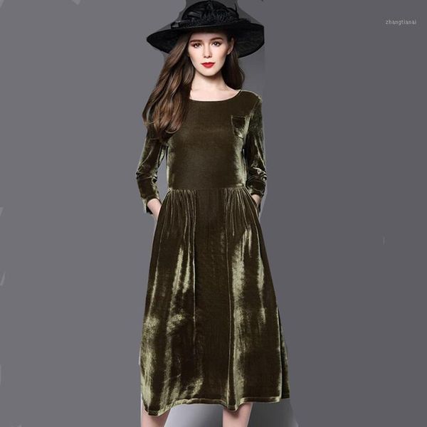 

plus size -7xl elegant vintage all-match velvet dress three quarter sleeve pocket women dress casual party dresses vestidos1, Black;gray