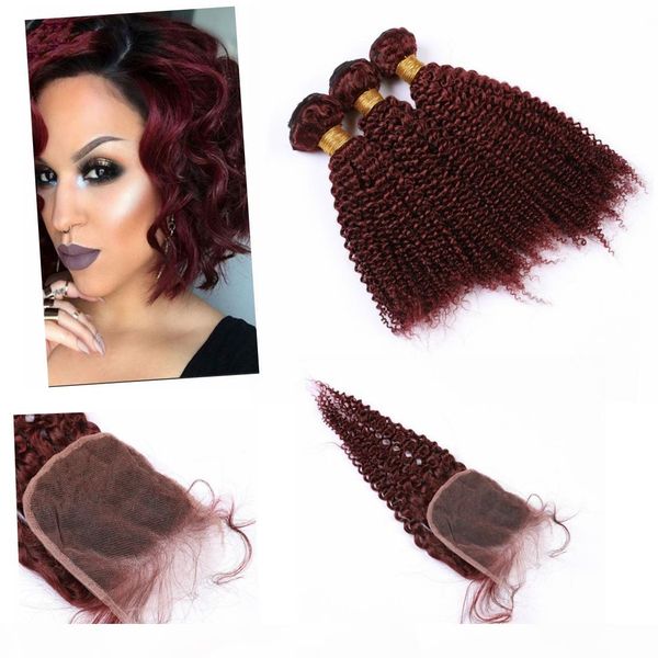 

peruvian human hair bundles with closure 4" * 4" kinky curly #99j color hair bundles deals with lace closure, Black;brown
