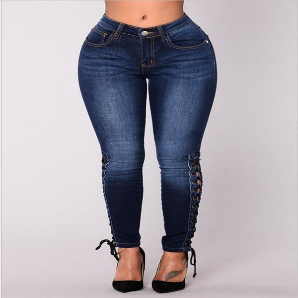 

2020 can be fashionable versatile, personalized bandage elastic solid color body pants show thin jeans and small feet women's wear, Blue