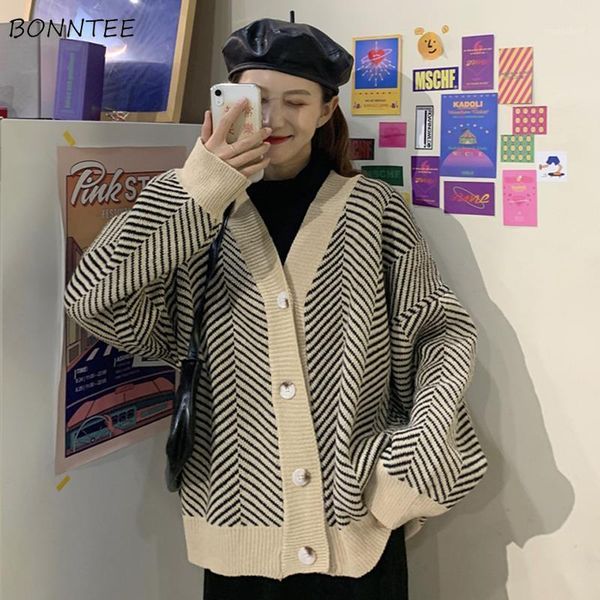 

cardigan women ulzzang striped college loose v-neck all-match sweaters for womens chic fall spring casual soft ladies knitwear1, White