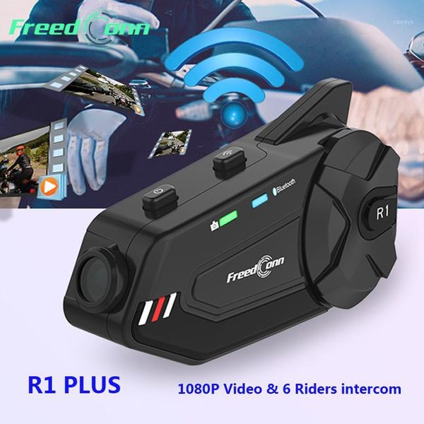 

r1 plus 1080p hd camera wifi bluetooth 5.0 motorcycle group intercom waterproof hd lens 6 riders bluetooth fm helmet headset1