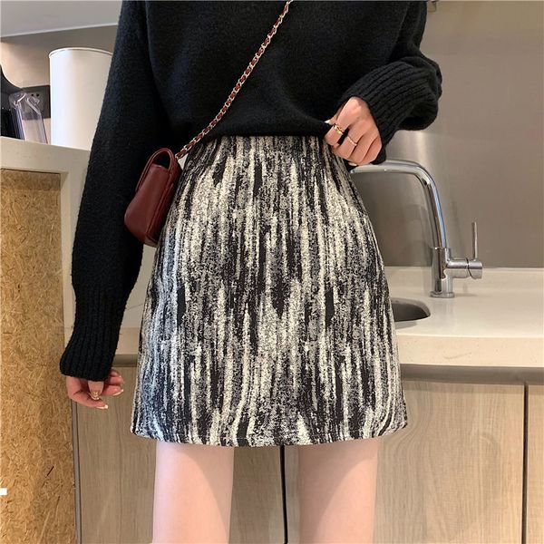 

winter 2021 new short pencil plaid wool skirts high stylish tweed waistband vintage lady y395 cir8, Black