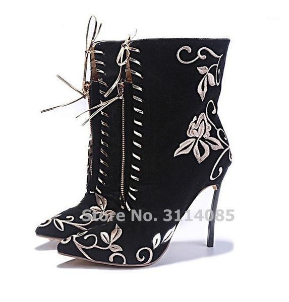 

boots women lace-up black red embroidered suede pointed toe dress metal thin high heels floral banquet shoes gold heels1