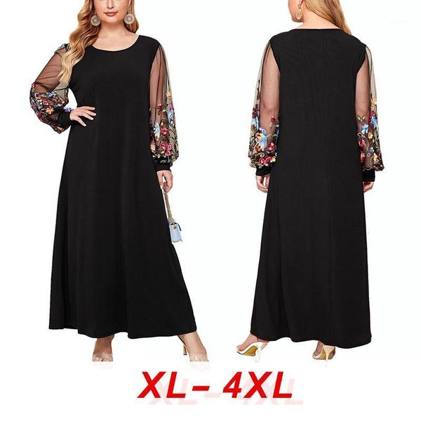 

2020 autumn lantern sleeve dress women mesh see through sleeve embroidery patchwork dress black plus size maxi long dresses1, Black;gray