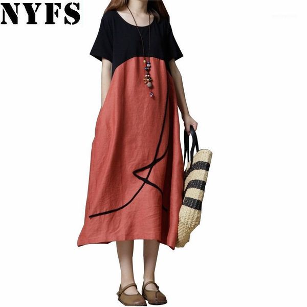 

casual dresses 2021 summer dress loose large size long vintage cotton linen pacchwork women vestidos robe elbise1, Black;gray