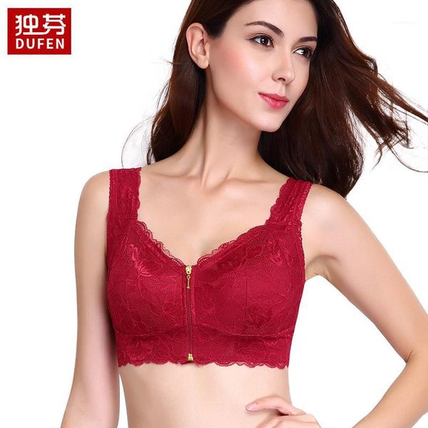 

8835 lace front zip bra full cup sport bra with no steel ring1, Red;black