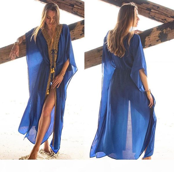 

2020 women bikini cover-ups swimwear blue bohemian embroiedred chiffon long kimono cardigan plus size beach wear swimsuit cover up beachwear, White;black