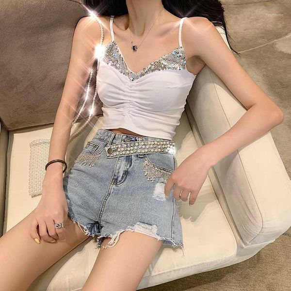 

high waist denim shorts femme summer 2020 korean fahsion women shorts jeans cotton ants holes wide leg harajuku1, Blue