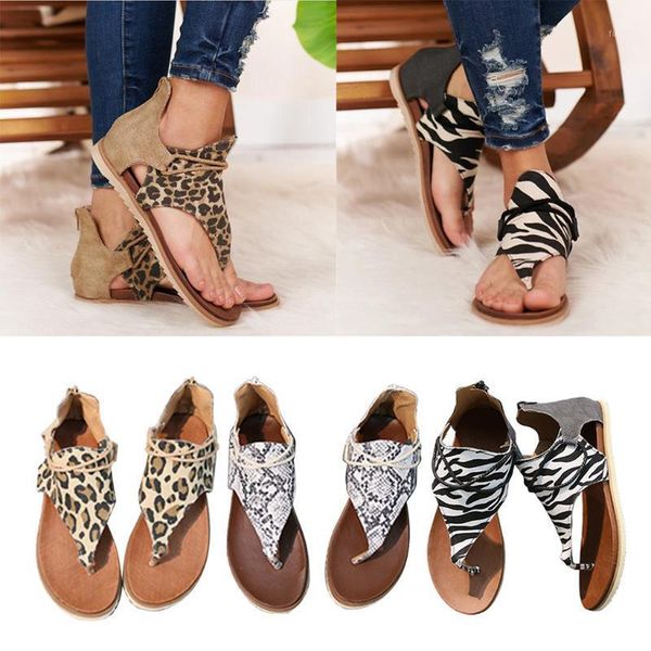 

women sandals leopard retro flat slippers casual low heel flip flops back zipper1, Black