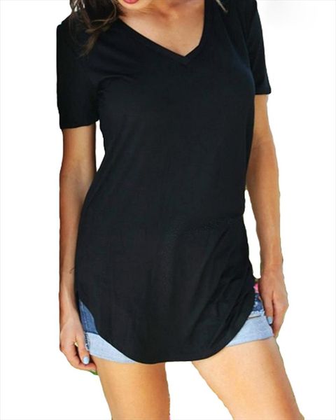 

summer t shirt large sizes women t shirt solid v neck short sleeve rounded hem long tshirt casual female tunic, White