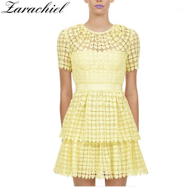 

2020 summer self-portrait yellow dress women temperament lace slim waist hollow out vacation dress female layer cake mini1, Black;gray