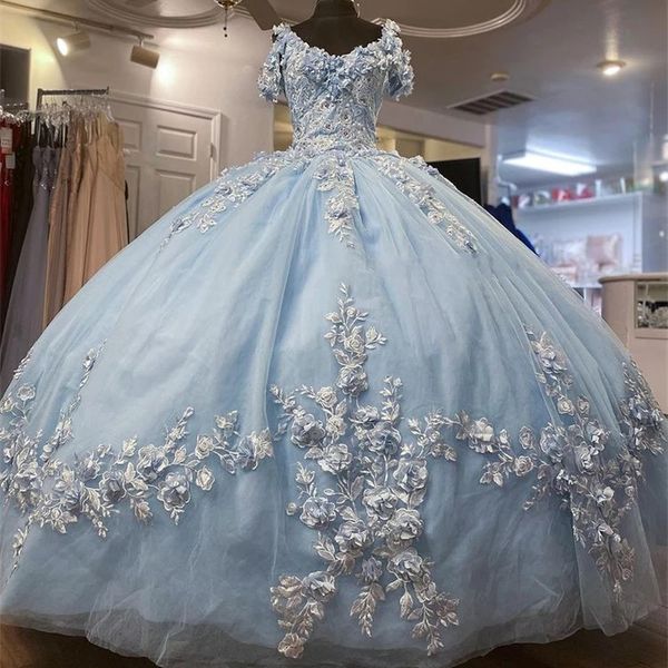 Bebê Blue Princess Quinceanera Vestidos Off Should Frisado 3D Flores Vestido de Bola Doce 16 15 Desgaste da festa de aniversário