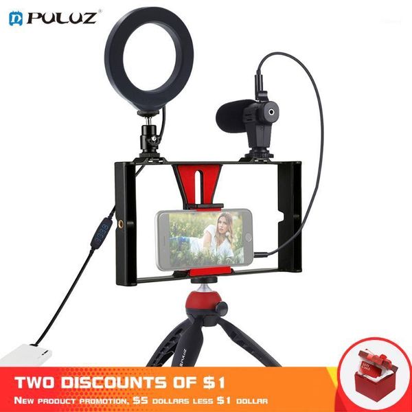 

lighting & studio accessories puluz 4 in 1 vlogging live broadcast smartphone video rig +4.6 inch ring led light microphone+tripod mount+tri