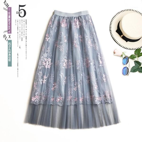 

floral embroidery skirts women a-line lace mesh skirt women elegant long pleated skirt for midi female korean skirts1, Black