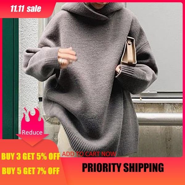 

spring high neck knit hoodies women thick warm solid gray loose turtleneck pullovers korean basic causal sweatshirt, Black