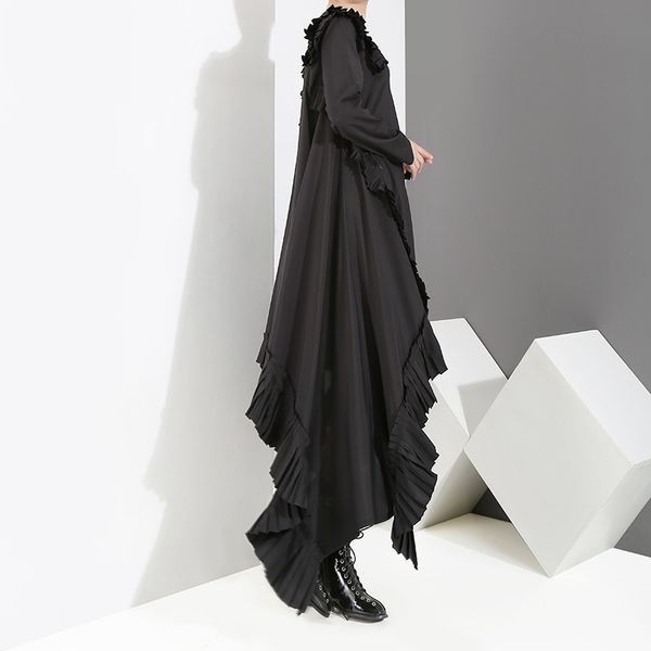

[eam] 2020 new spring summer round neck long sleeve ruffles split joint irregular hem loose dress women fashion tide ji045 y200805, Black;pink