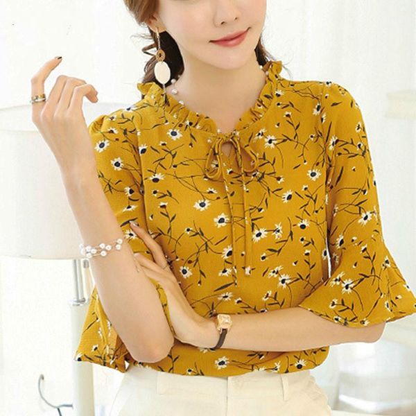 

women's blouses & shirts 2021 fashion korean chiffon casual female shirt round collar loose printing flower women blouse 31j 251, White