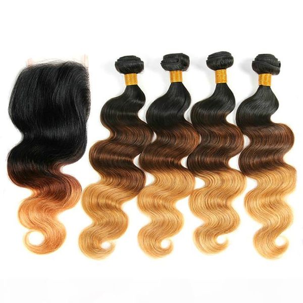 

colored 1b 4 27 wavy ombre bundles with silk closure virgin malaysian closure body wave human hair weaves three tone blonde extensions, Black;brown