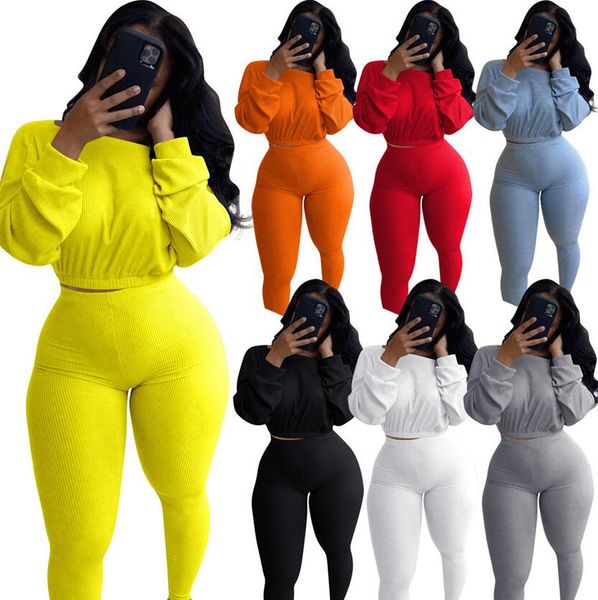 

women two piece outfits rib knit crop pullover hoodie blouses and pants skinny leggings streetwear bodysuit fashion clothing set f92912, White