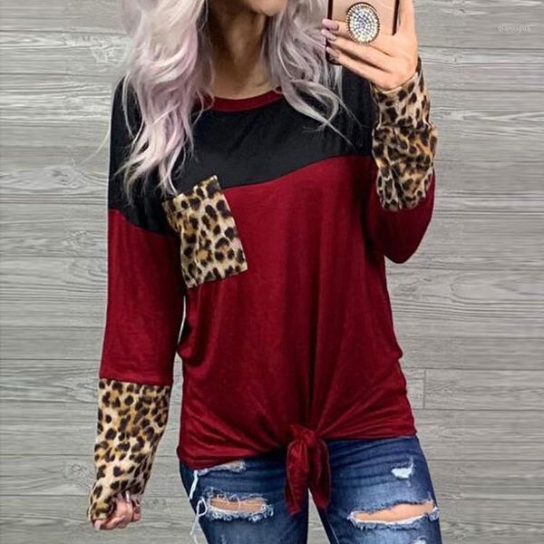 

leopard t-shirt women bandage knot pocket shirt haut femme splicing color tee shirt camiseta mujer women long sleeve t1, White