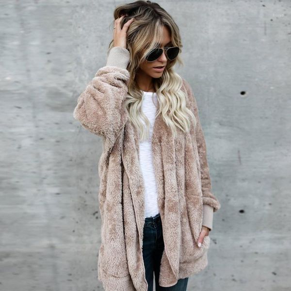 

women's fur & faux plus size 2021 winter warm coat women's jacket female lamb wool pink overcoat long sleeve hooded outwear cardig, Black