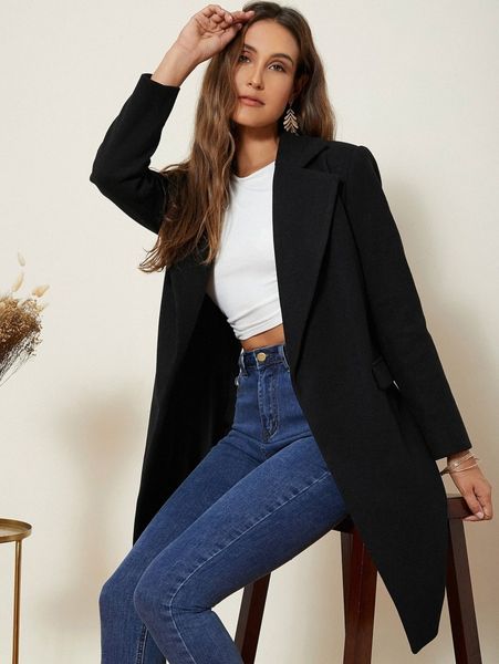 

notched collar self belted overcoat q0st#, Black